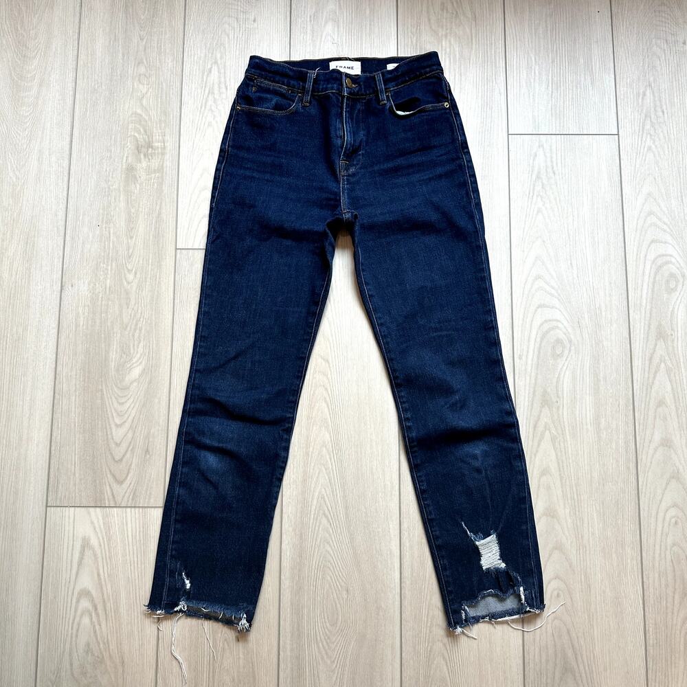 Frame Le High Straight dark wash ripped raw hem distressed jeans 25